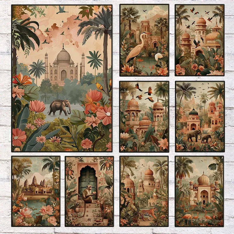 Tropical Jungle Animal Indian Palace Travel Poster Vintage Exotic Elephant Tiger Monkey Canvas Painting Wall Art Room Home De