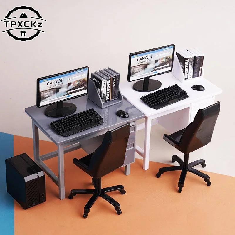 1set 1:12Scale Dollhouse Miniature Simulation Computer Keyboard Desk Chair Kit Home Study Room Furniture Decor Micro Scene Props