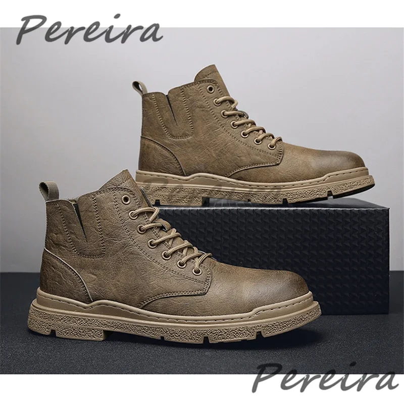 

British Style Retro Leather Ankle Boots Men Round Toe Lace Up Motorcycle Boots Spring Autumn Outdoor Walking Hiking Casual Shoes