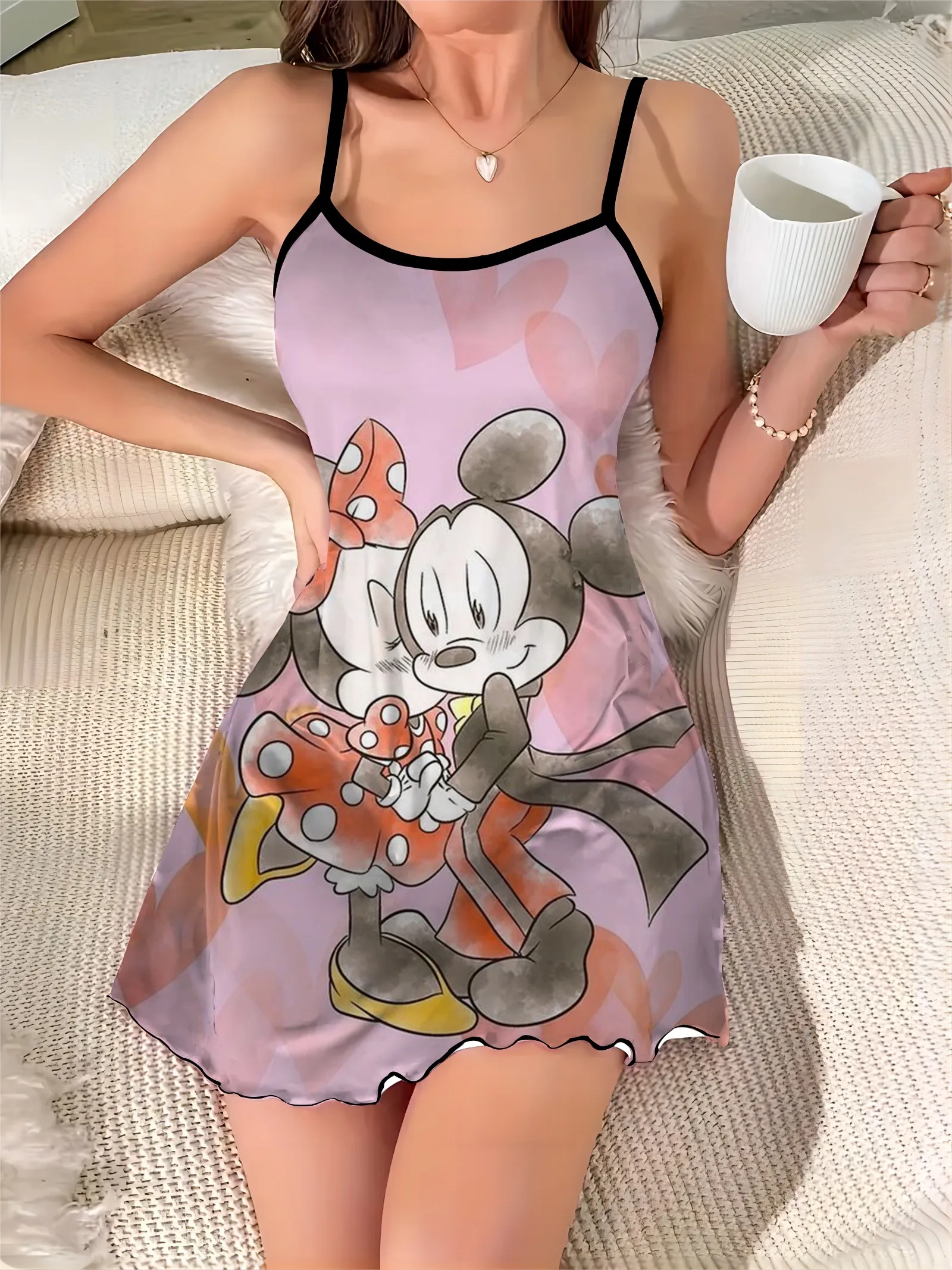 Crew Neck Elegant Dresses for Women Lettuce Trim Minnie Mouse Pajama Skirt Disney Satin Dress Fashion Summer 2024 Chic Mini Sexy