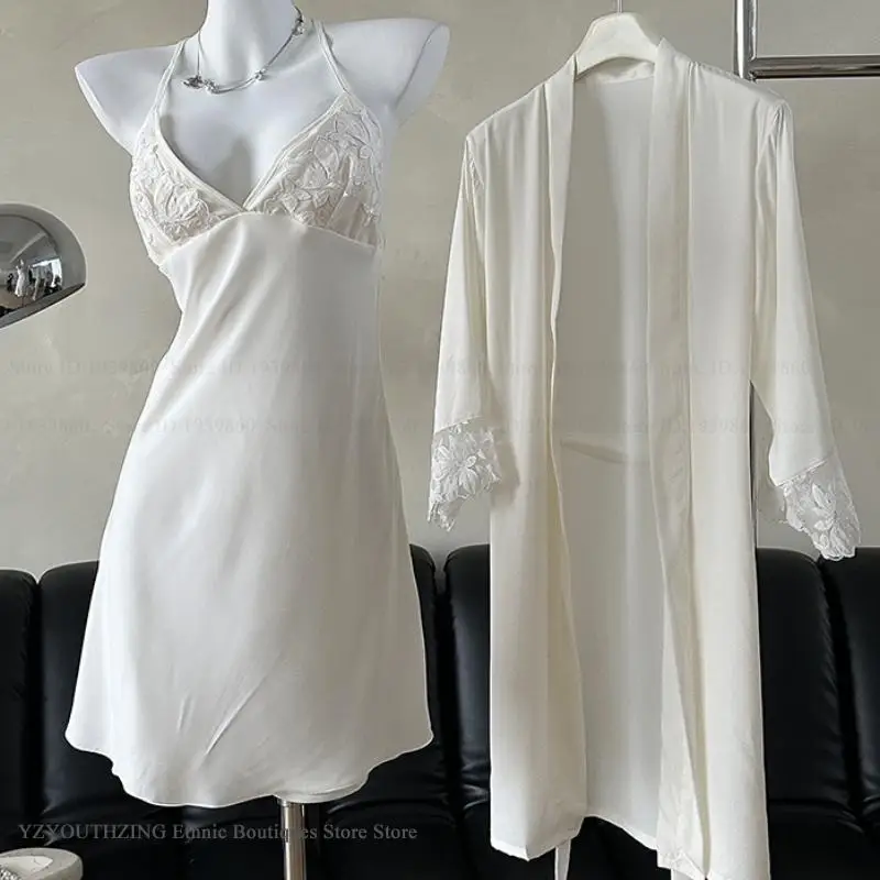 

Новый женский комплект: халат и ночная сорочка, сексуальный пеньюар с кружевными вставками, шелковистый атласный домашний костюм, свободная одежда для сна и отдыха