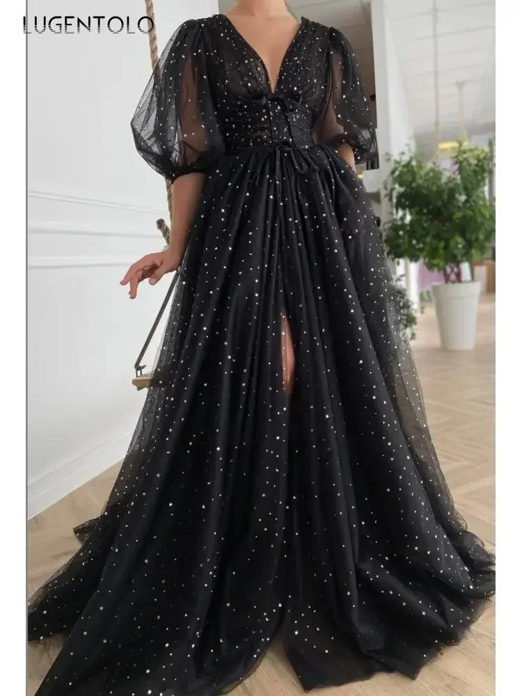 Women Sexy Sequins Dress Mesh V-neck Big Swing Lady Party Split End Short Lantern Sleeve Elegant High Waist Solid Long Clothing