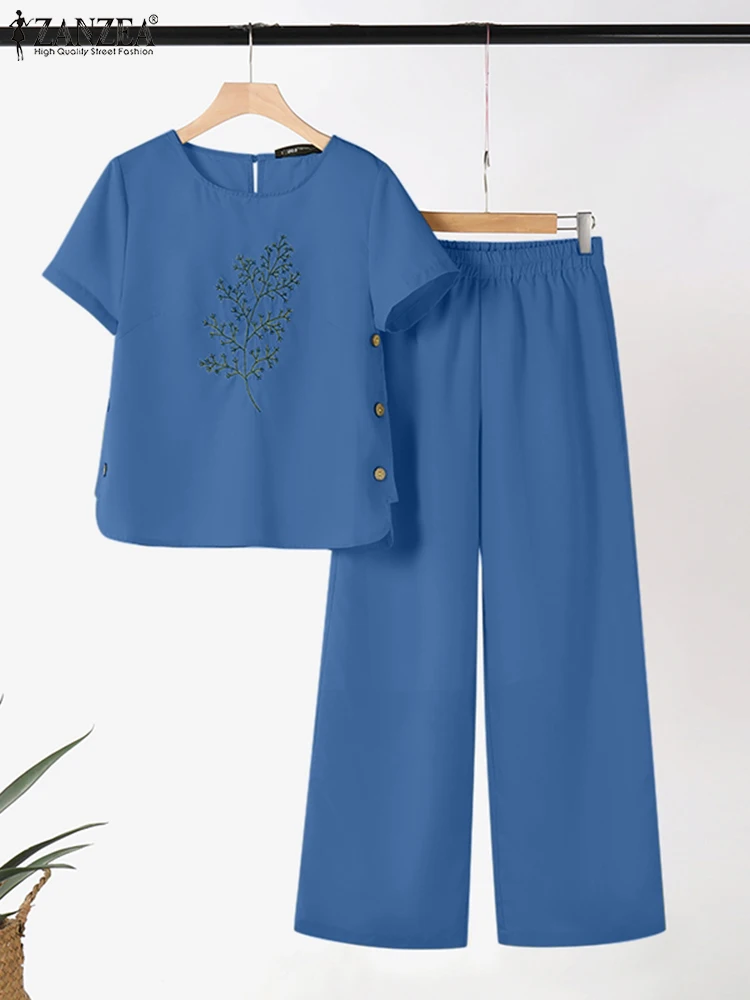 Summer Women Pant Sets Fashion Suit Elegant Floral Embroidery Blouse Wide Leg Trousers Suit 2024 ZANZEA Casual OL Work Tracksuit