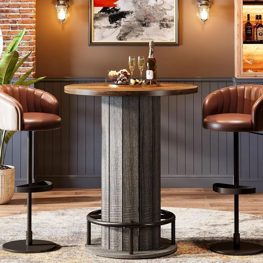 

39.4 High Wooden Bistro Pub Table with Metal Ring Base, Suitable for Dining, Coffee, or Living Room, Brown & Gray (Table Only)
