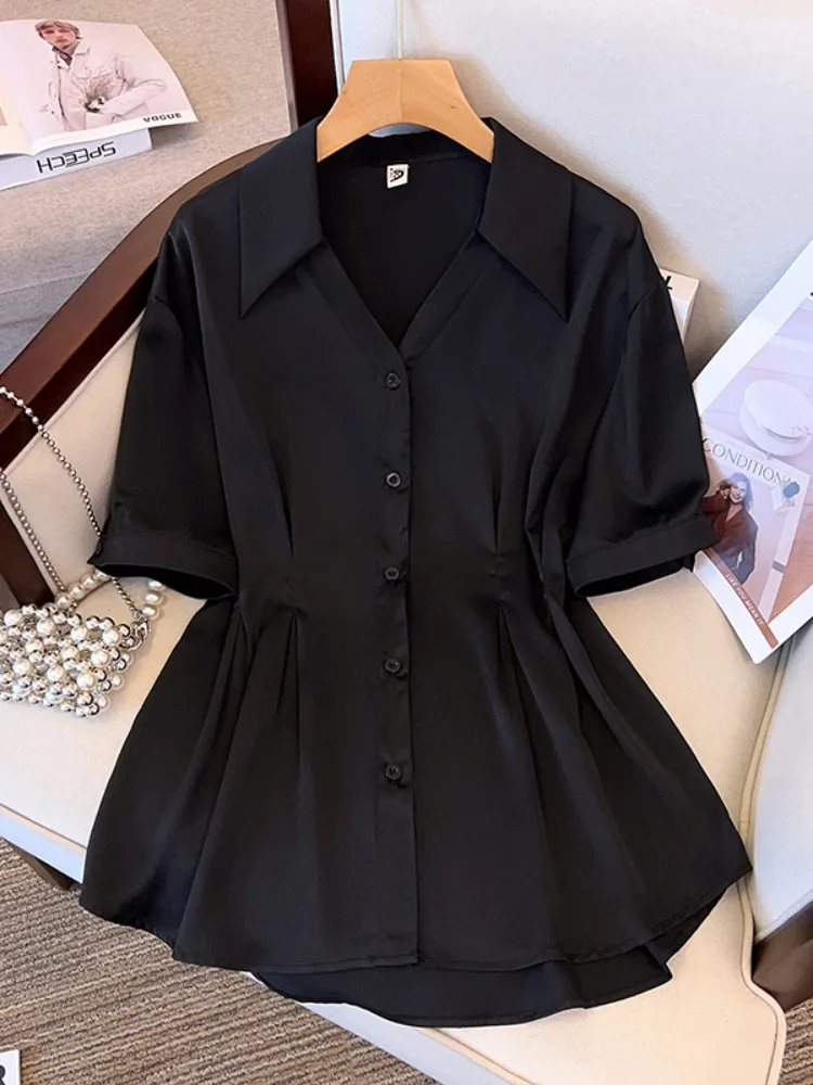 Office Lady Casual Blouse Summer Fashion Solid Color Simple Basic Shirt V-neck Short Sleeve Empire Waist A-line Slim Elegant Top