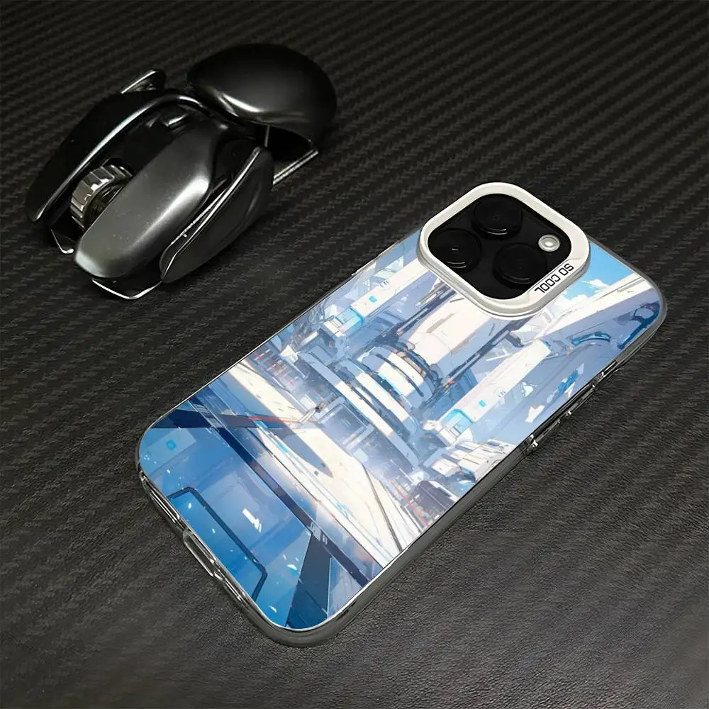 حافظة هاتف معمارية الخيال العلمي باللونين الأزرق والأبيض لهواتف iPhone 16,15,14,13,12,11,Mini,Pro,MAX غطاء أبيض غير لامع مقاوم للصدمات