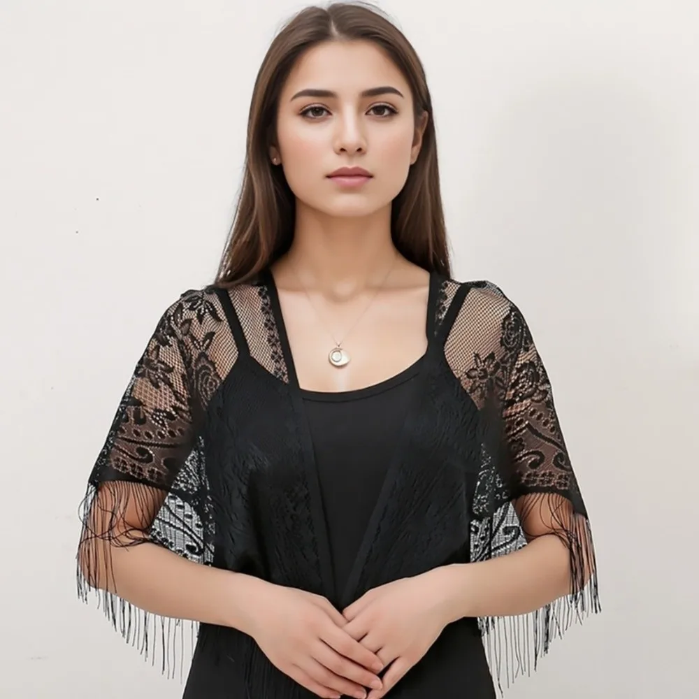 Elegant Polyester Lace Hollow Scarf Embroidery Pure Color Tassel Triangle Shawl White Transparent Mesh Scarves Wedding