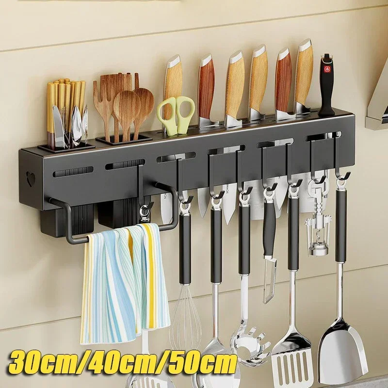 Stainless Steel Kitchen Storage Rack Wall-mounted Multifunctional Storage Knife Rack with Multiple Brackets and Hooks