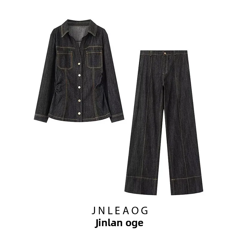 

Faionable Casual Women's Denim Jaet And Pants Set V-Ne Turn-down Collar Collar Long Sve Pure Color Spring 2025