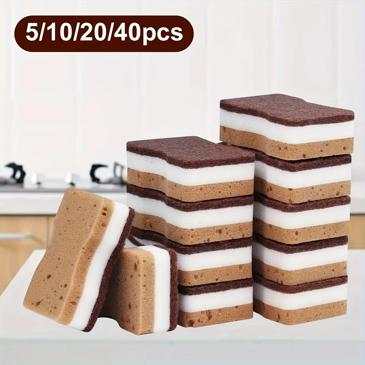 5/10/20/40 peças esponjas de lavar louça de algas marinhas de três camadas, duráveis sem arranhões, suprimentos e ferramentas de limpeza de cozinha super absorventes