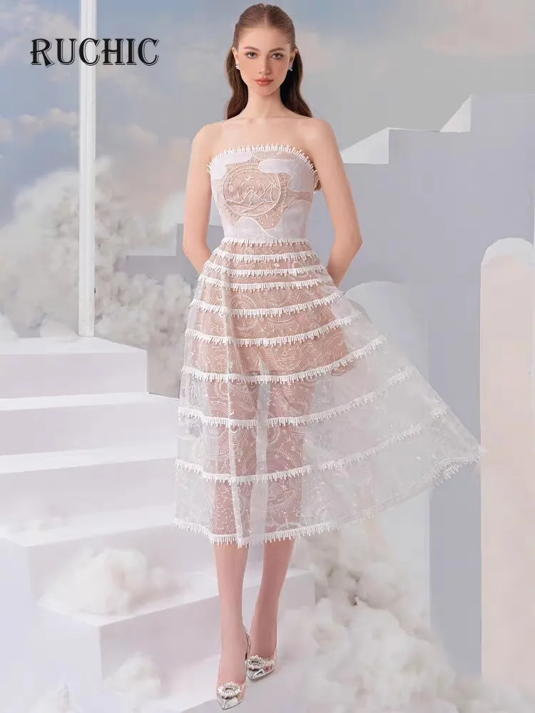 

Autumn 2024 New Women’s Fashion Evening Dress Chest Wrapping with Tassel Embroidery Bead Lace Translucent Mid-calf Dress