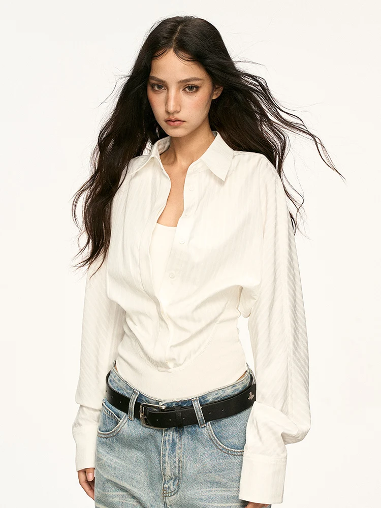 

Aaisup American Sle White Spicy Girl irt Women's Spring Design Sense Fake Two-Piece Slim Collar Top Waist-Cinching