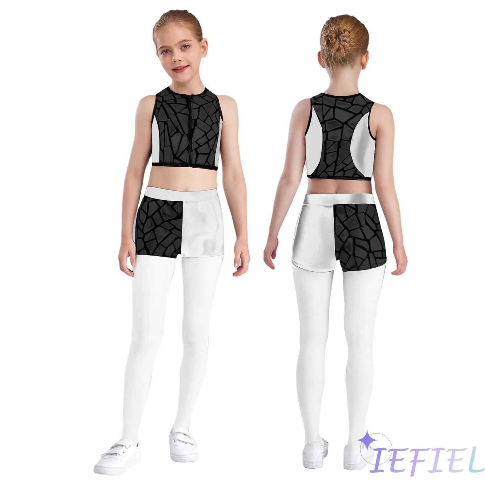 

Girls Disco Dance Outfits Fashion Round Collar Lazer Mirror Irregular Shiny Sequins Metallic Vest+Shorts for Dance Gymnastics