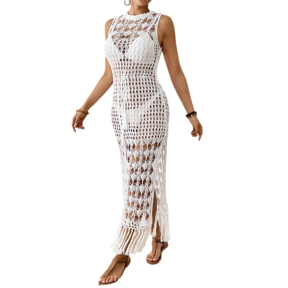 Women Cover-Ups Hollow Out Crochet Cover Up Swimwear Sleeveless Bikini Dress Smock Split Sexy Beach Knitwear Solid Swimsuit