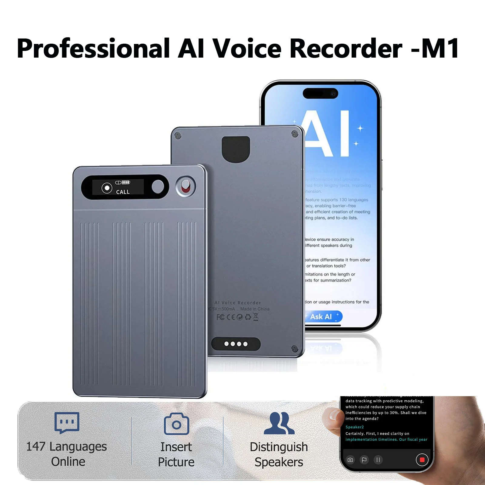 

Портативный AI-диктофон M1 с управлением через приложение, поддержкой 134 языков, расширенной транскрипцией и суммаризацией на основе ИИ.