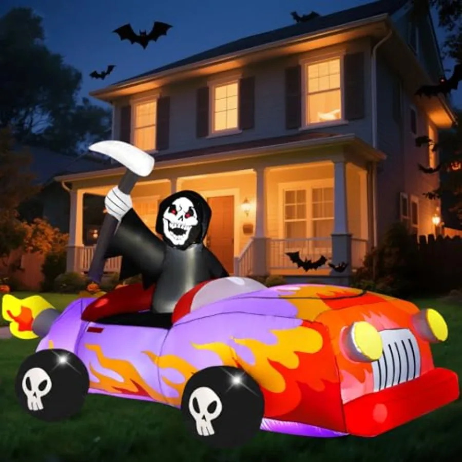 

Halloween outdoor decoration: 8ft inflatable Grim Reaper driving car, PVC material, black and gray, built-in LEDs for night vis