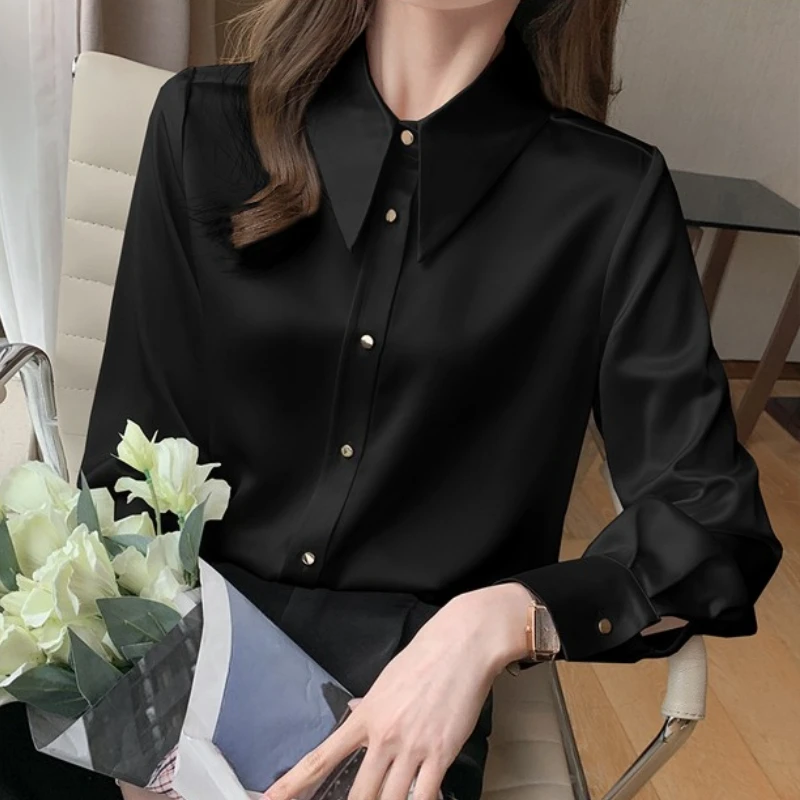 Spring Autumn Elegant Satin White Women's Blouse 2025 New French Style Single Breasted Casual Loose Office Shirts Female