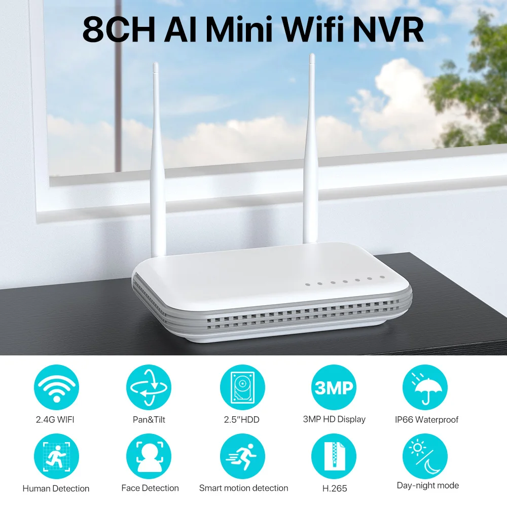 Tahlitech Mini WiFi NVR 8CH 3MP H265 Onvif Wireless Network Video Recorder with Face Detection