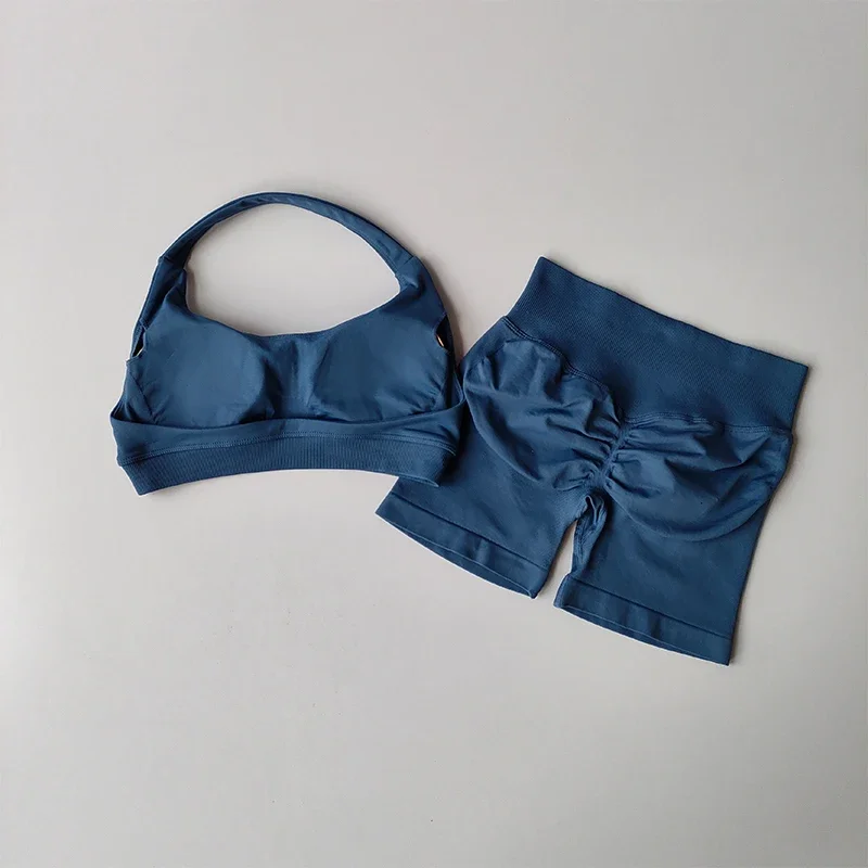 2-teiliges Set: Sexy Neckholder-Sport-BH in Pfirsichfarbe und High-Waist-Shorts für Damen, geeignet für Pilates, Yoga, Training, Fitness, mit schönem Rückenausschnitt und formgebendem Effekt. – Detail 4