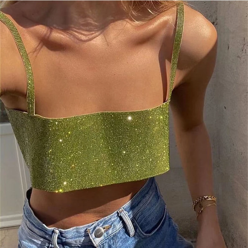 AKYZO Glitter Full Rhinestone Polyester Women Crop Tops Fashion Solid Off Shoulder Backless Sexy Spaghetti Strap Woman Party Cam