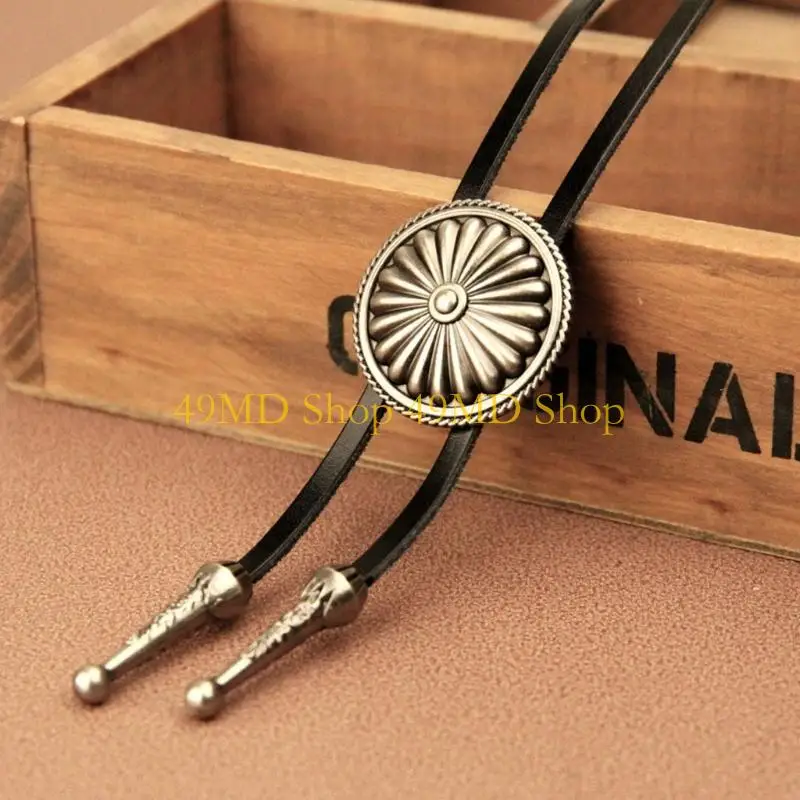49MD Western Bolo Tie Vintage Bolo Tie Round Bolo Tie Necklace Cowboy Leather Necktie Cowboy Tie Sweater Chain Necklace