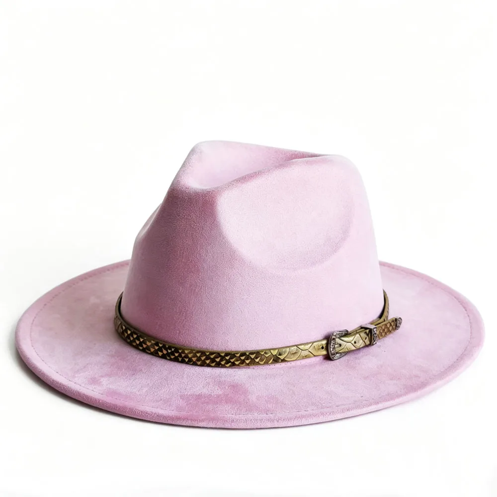 Vintage Faux Suede Hat Wide Brim Fedora Hat Women Men Snakeskin Leather Belt Buckle Jazz Party Trilby Panama Caps Country chapéu