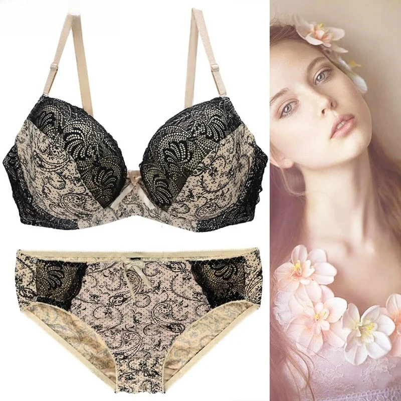 

Комплект с бюстгальтером большого размера, кружевное нижнее белье с цветочным принтом, трансграничные горячие S, брюки с низкой талией, женское нижнее белье, ансамбль