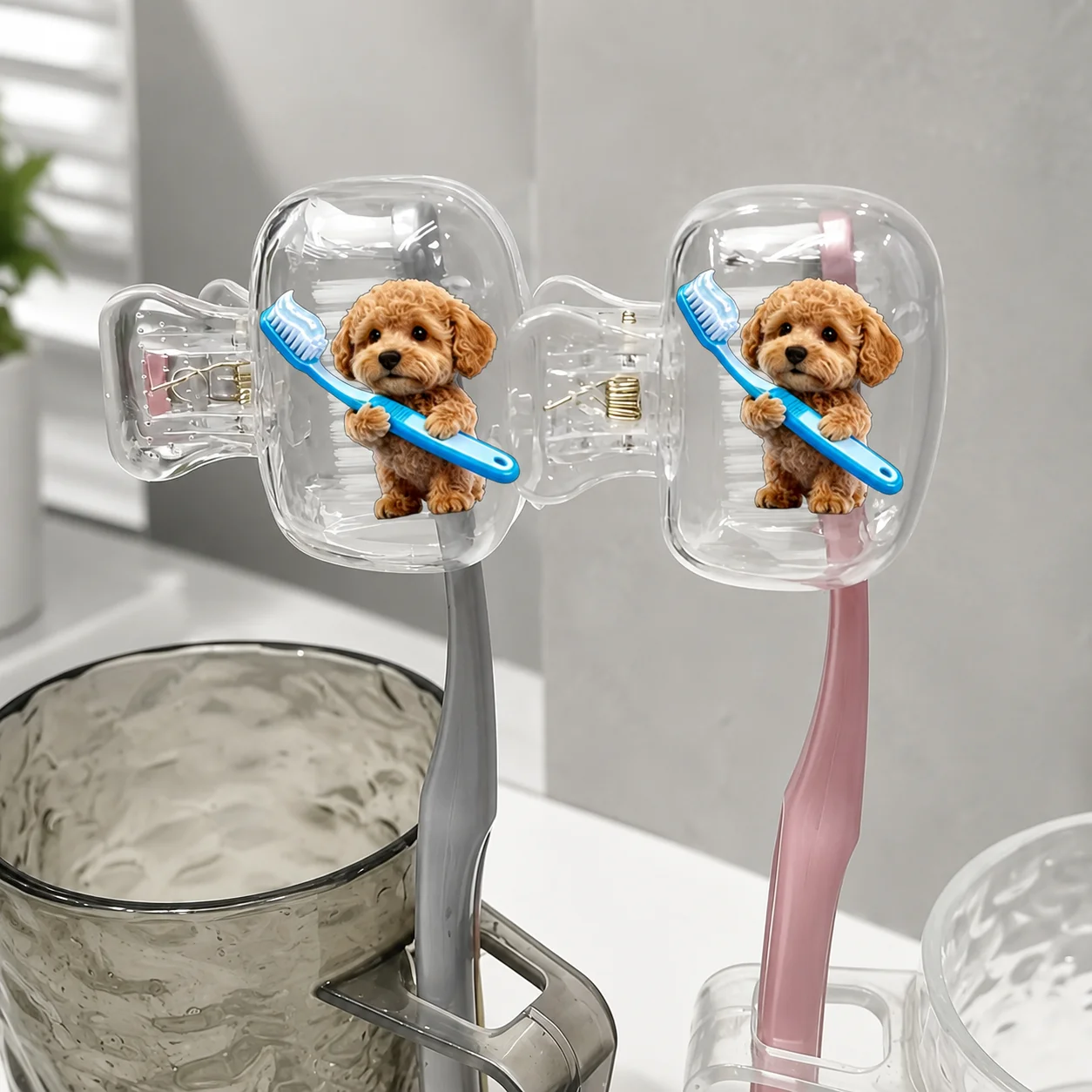 Cute Puppy Toothbrush Head Cover Clip, Transparent Dustproof Portable Brush Cap for Kids Adults Bathroom Travel