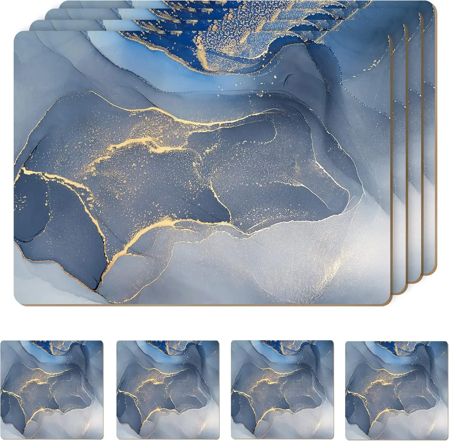 

4-Piece Heat-Resistant Cork Placemats with Free Coasters, Marble Design, 16x12 Inches, Blue & Gold