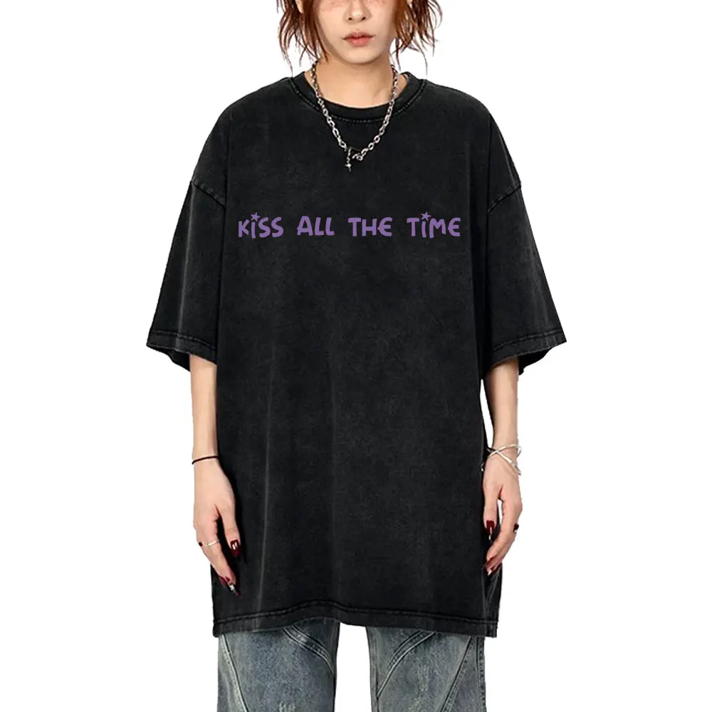 

Kiss All The Time Disco Occasionally Vintage Washed T-shirt Men Women Hip Hop Fashion Streetwear Unisex Cotton Tshirt Fans Gift