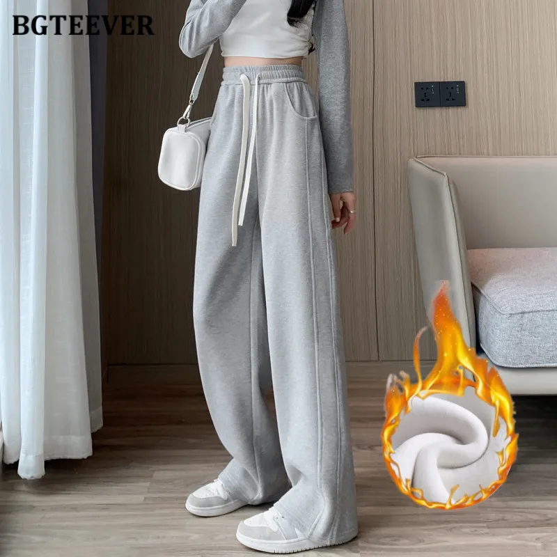 

Женские повседневные брюки BGTEEVER с высокой талией на шнуровке, теплые зимние утолщенные бархатные широкие брюки