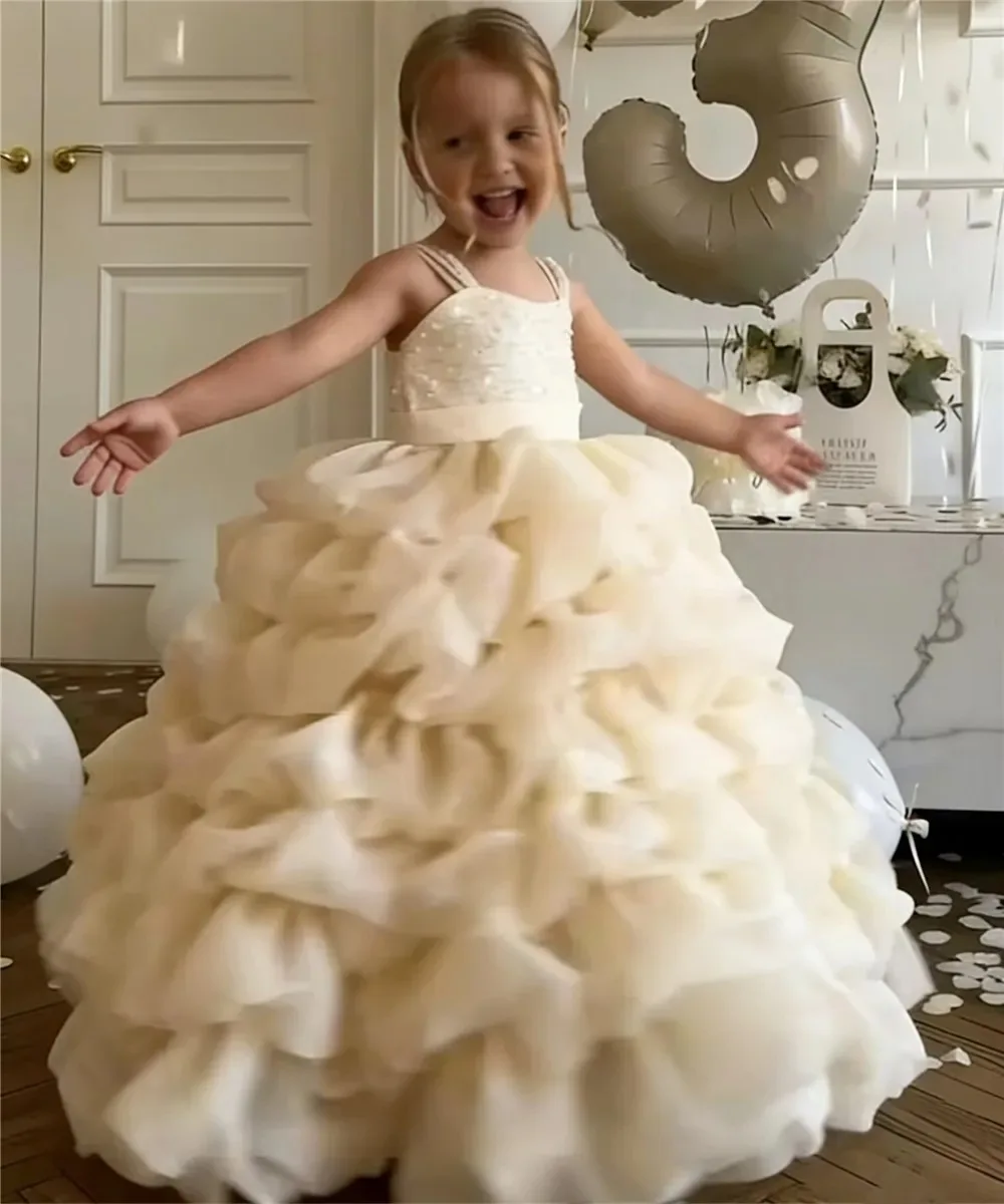 Maßgeschneidertes Puffärmelloses Blumenmädchen-Hochzeitskleid mit Pailletten und Rüschen für Kinder, Prinzessinnen-Geburtstagskleid für Babymädchen