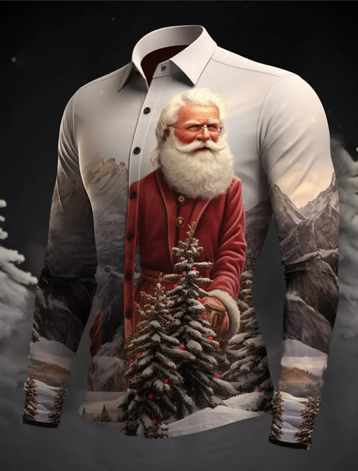 2024 Santa Claus Tree Casual Men's Shirt Daily Wear Going out Fall & Winter Turndown Long Sleeve 4-Way Stretch Fabric Shirt