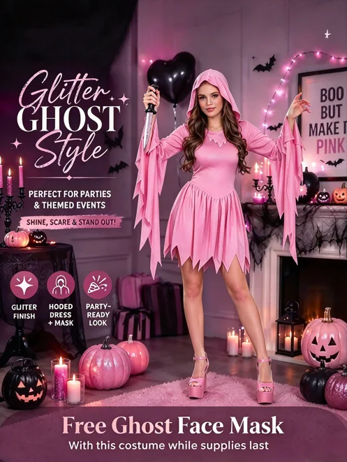 Women Pink Elf Witch Halloween Costume Hooded Fairy Dress with Scary Face Mask, Cosplay Party Outfit for Ladies