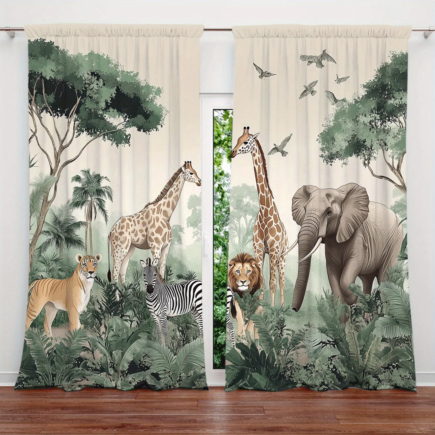 Savannah Wild Animal Curtain 2 Panels, Giraffe Elephant Lion Zebra Tiger Jungle Bird Cream Print,Drapes for Bedroom Kids Curtain