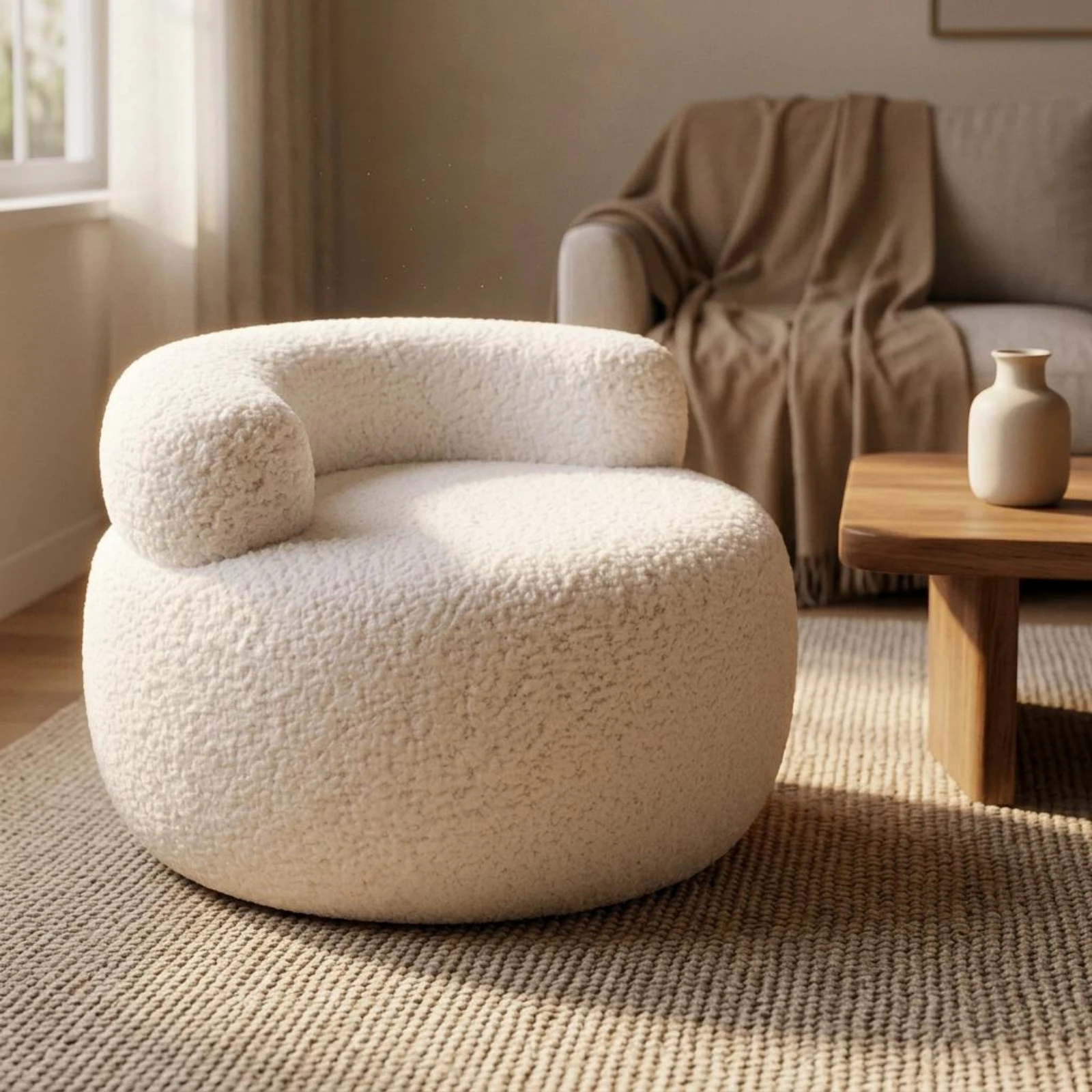 Curved-Back Stool Space Saving Teddy Fleece Stool Round Ottoman Portable Teddy Fleece Ottoman Thick Foam Padding