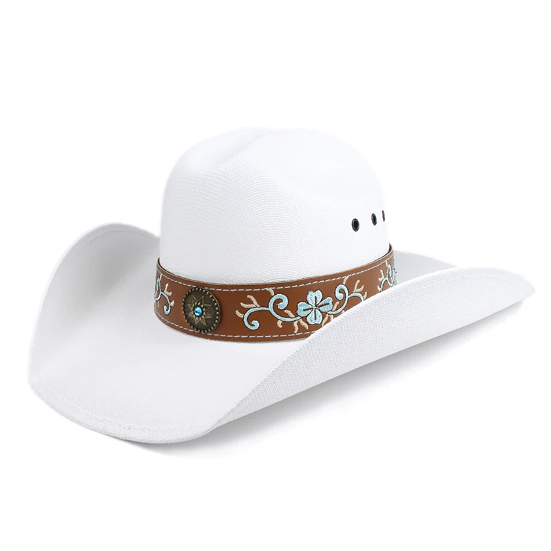 

Unisex Retro Ethnic Embroidery Pattern Yellowstone Beach American Western Wide Brim Cowboy & Cowgirl Sun Hat Pinch Front 57-61cm