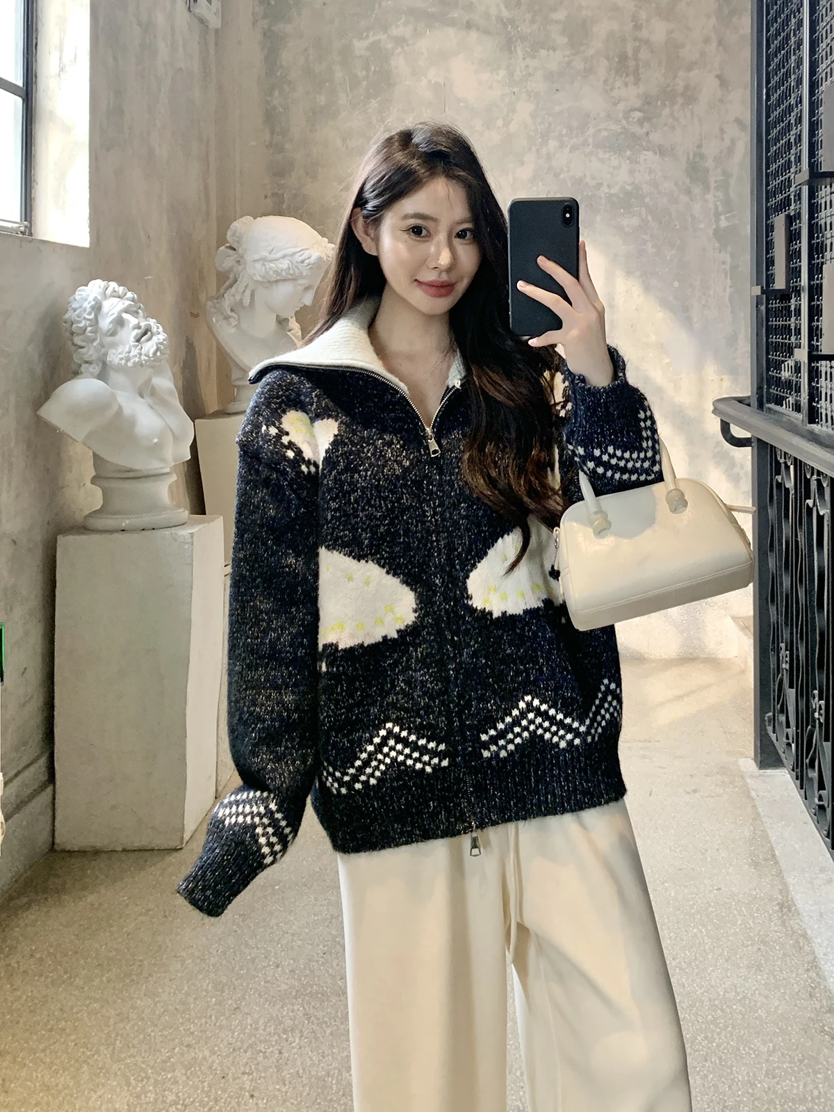 

Withmxboom ey Home Knitted Open Cardigan Sweater Women Winter Lazy Soft Loose Casual Outerwear Stand Collar Long Sve