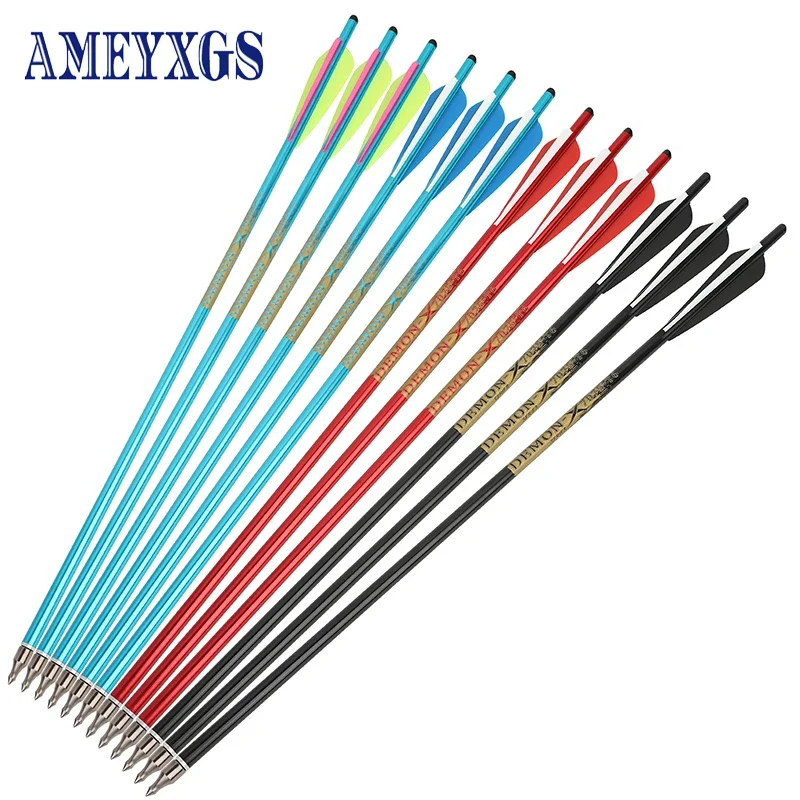 

12pc Archery Aluminium Arrow Fit 150-180lbs Bow ID 7.6mm OD 8.8mm Teardrop-Shaped Rubber Feathers For CrossBow Shooting Hunting