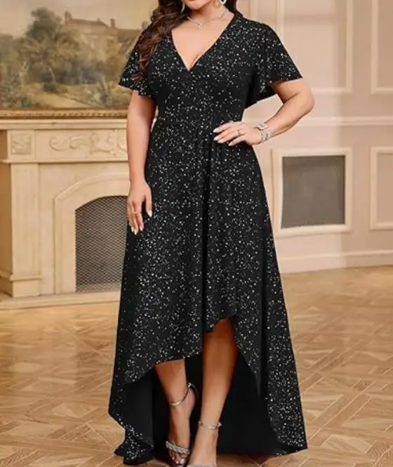 

2026 Spring/Summer New Women's Fashion Elegant Glitter V-neck Casual Short sleeved Solid Color Dress Women's Wear