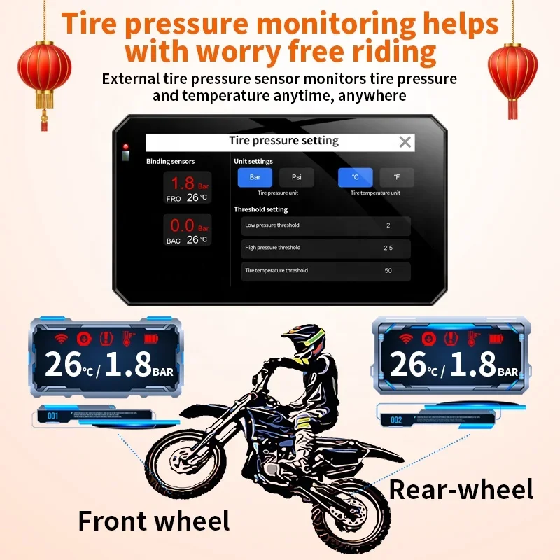 Cámara Dual inteligente DVR para motocicleta, grabadora de conducción Full HD resistente al agua con sistema de monitoreo de presión de neumáticos