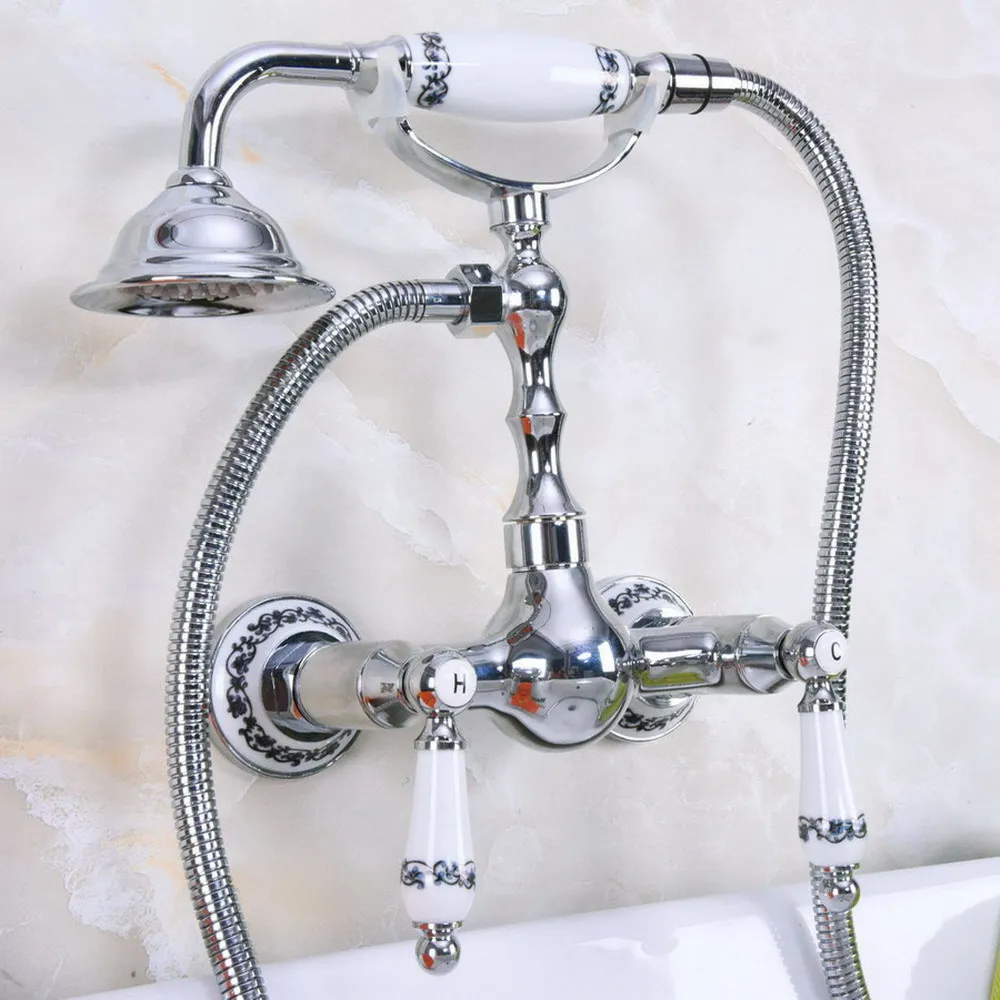 

Polished Chrome Wall Mounted Bathroom Faucet Bath Shower Mixer Tap With Hand Shower Head Shower Faucet Sets