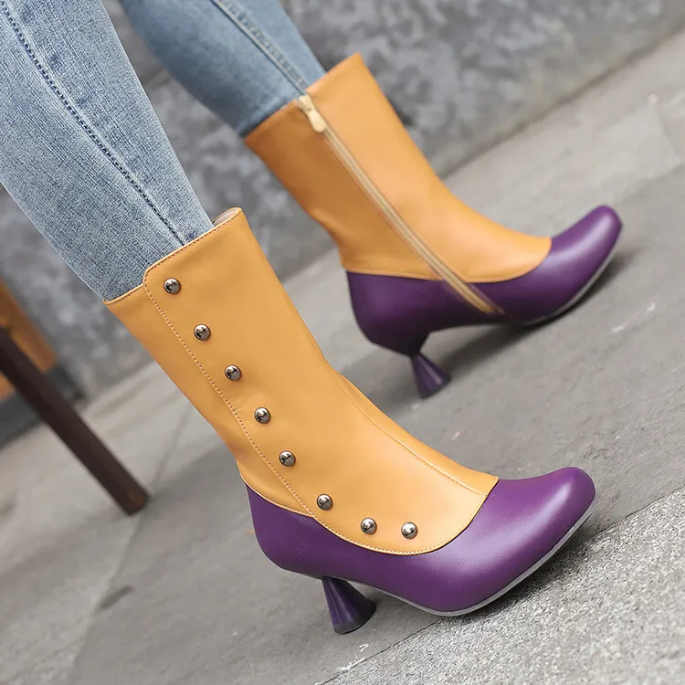 

Lady Boots Winter Shoes For Women Round Toe Luxury Designer Boots-Women Zipper Rivets High Heel 2024 Ankle Rubber Fashion