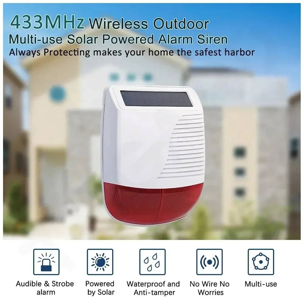 Smart Home Security Burglar Alarm System 433MHz Wireless Siren Loudspeaker Outdoor Waterproof Solar High Decibel Strobe