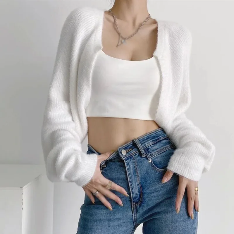 Women\'s Solid Color Knitted Cardigan Slouchy Style Cropped Mink Fleece Sweater Outer Wear Girly Casual Cropped Shawl Coat