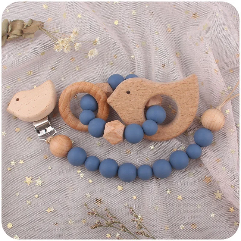 Baby Pacifier Clip Wooden Teethers Bracelet SetSilicone Beads Infants Teething Toy Anti-lost Chain Cartoon Star Cloud Cat