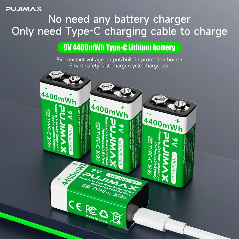 PUJIMAX USB 9V Rechargeable Battery 4400mWh Type-C Rechargeable 6F22 9V Li-ion Battery for RC Helicopeter Model Multimeter 10000 Cycles with Free USB- C Cables