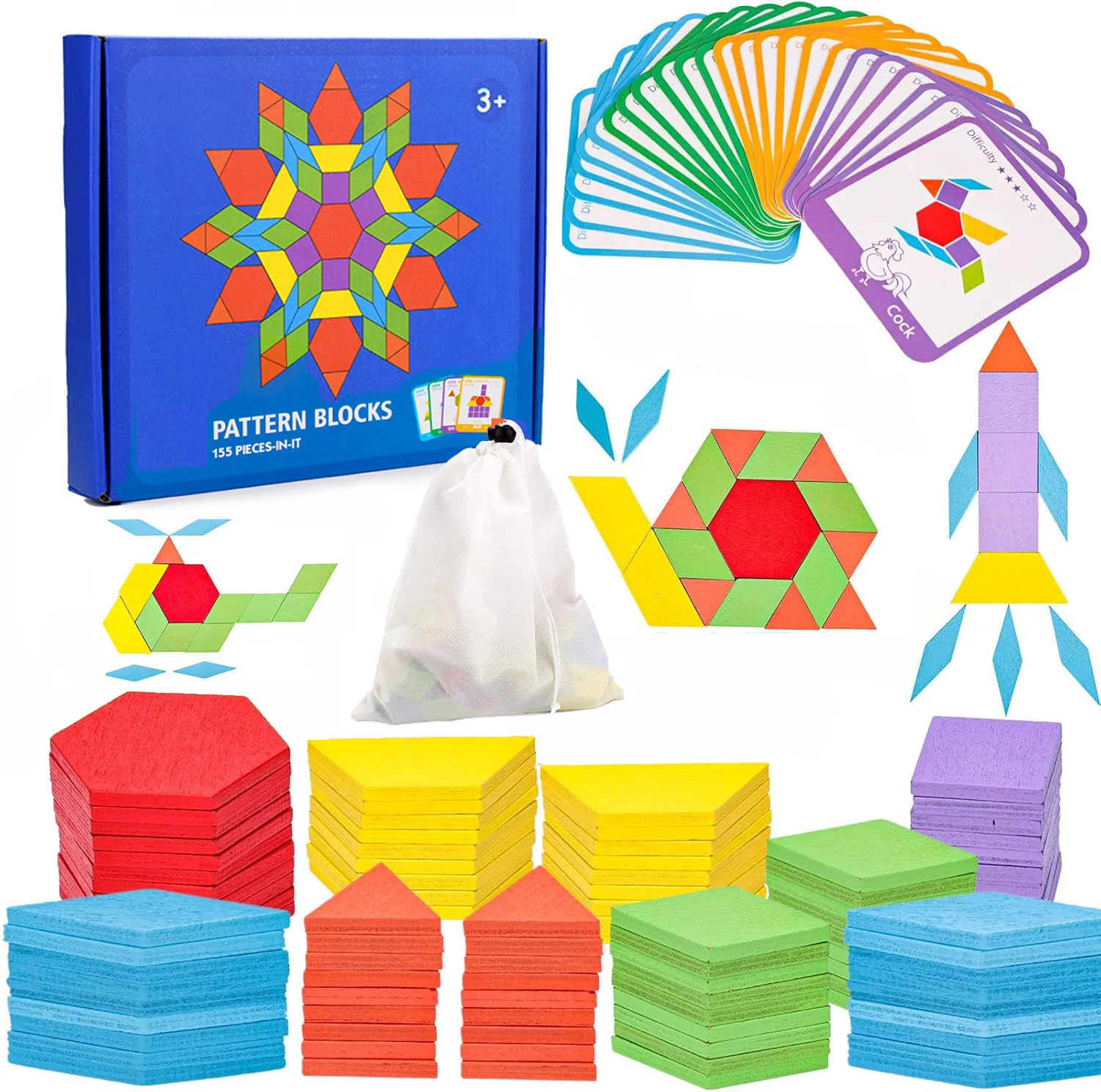 

155 Pcs Wooden Pattern Blocks Set Geometric Shape Puzzle Kindergarten Classic Educational Montessori Tangram Toys for Kids