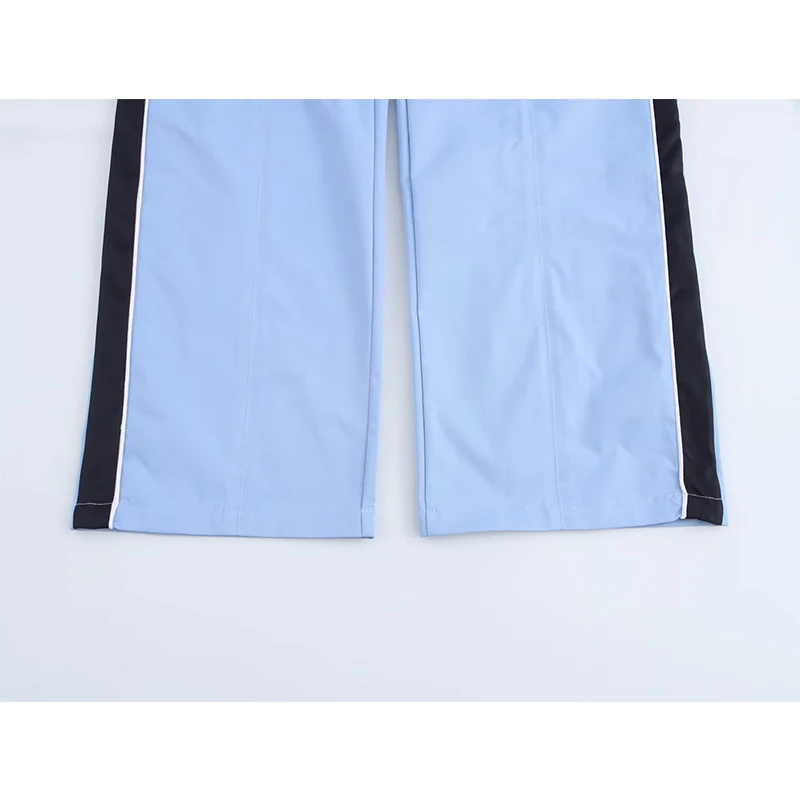 YENKYE الجانب مخطط السماء الزرقاء مستقيم السراويل للنساء ربيع الخريف مرونة عالية الخصر بناطيل كاجوال Sweatpants الإناث