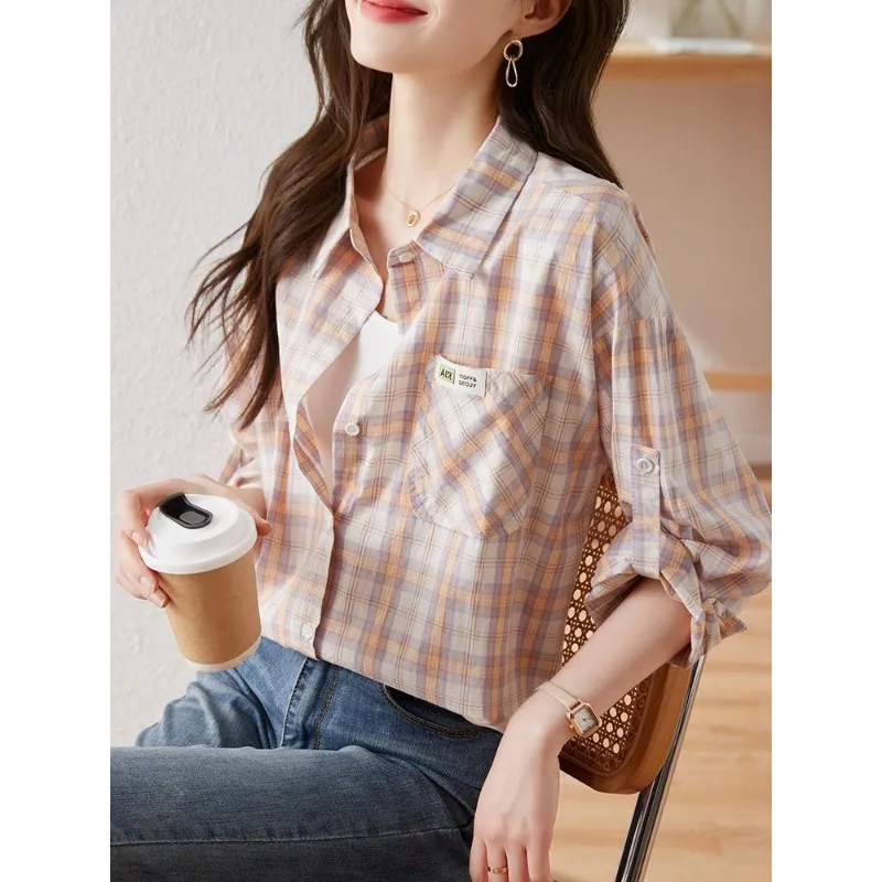 

Pure Cotton Plaid Shirt Women's Long-sleeved Literary Vintage Top 2025 Spring and Summer New Fashion